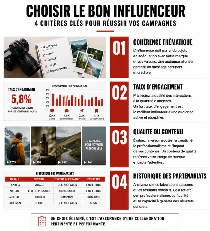 Infographie des critères de sélection pour les relations influenceurs