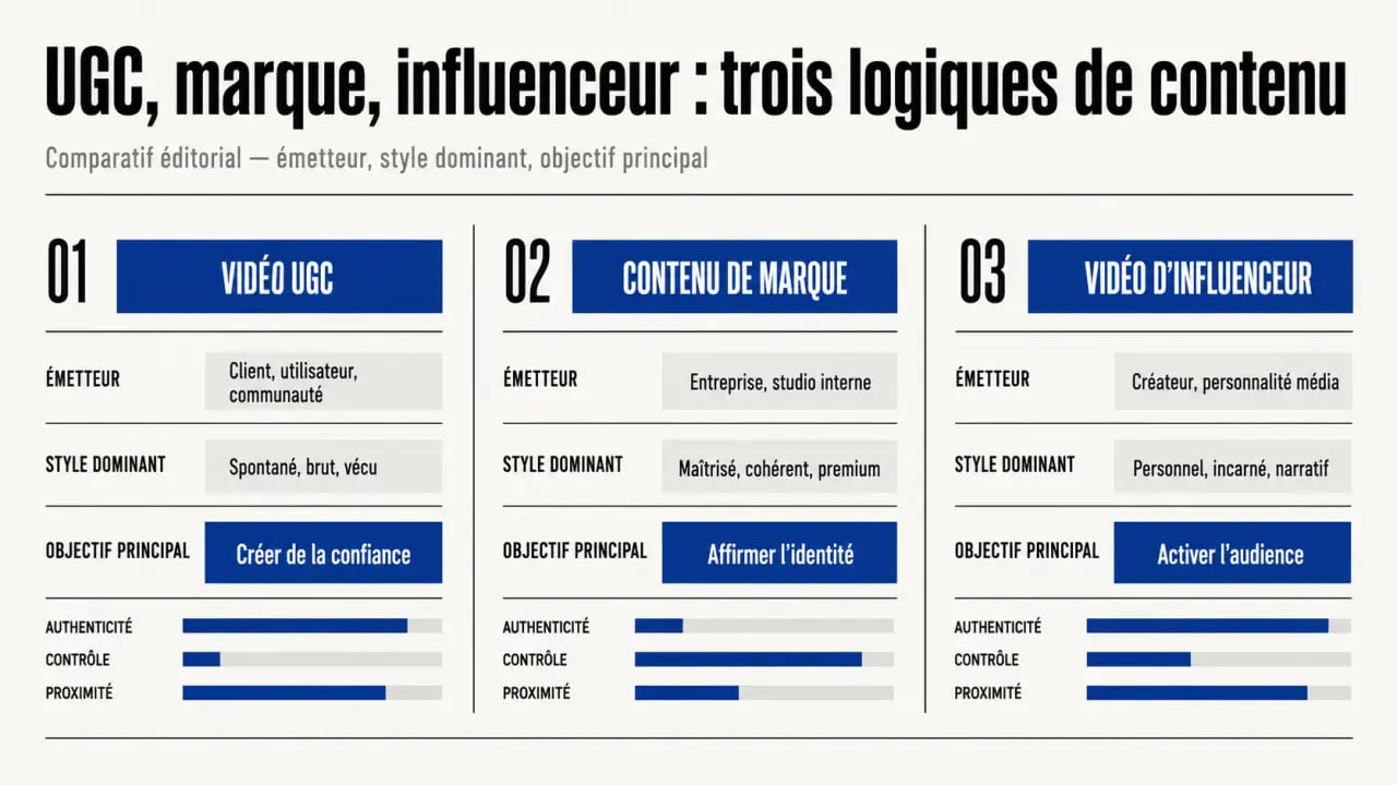 Video UGC definition : comparaison visuelle entre vidéo UGC, contenu de marque et influenceur